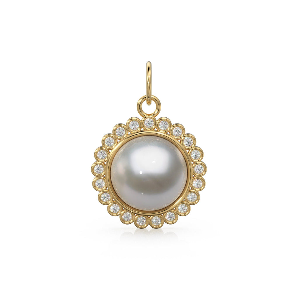 26mm 14K Solid Yellow Gold Diamond Mabe Pearl Round Coin Shape Charm Necklace Pendant