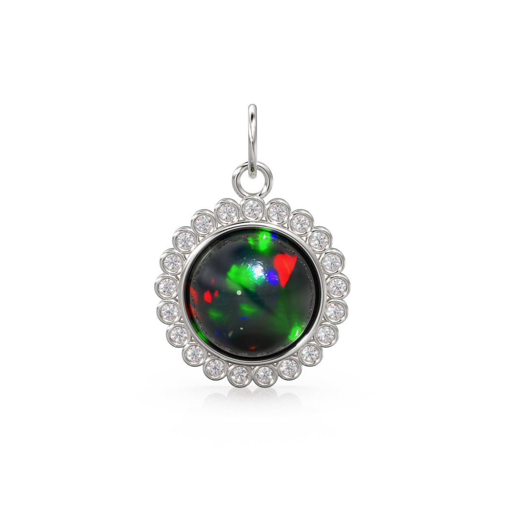 26mm 14K Solid Yellow Gold Diamond Black Opal Round Coin Shape Charm Necklace Pendant