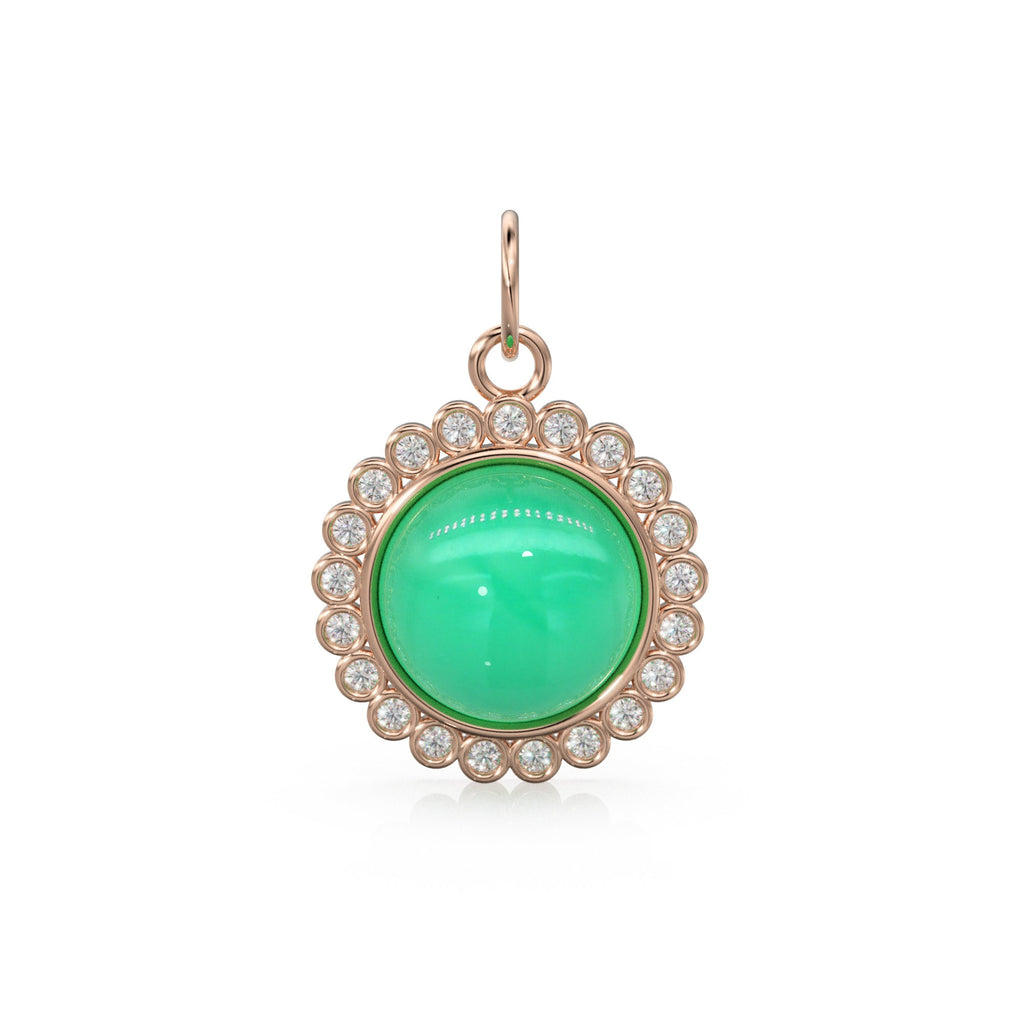 26mm 14K Solid Yellow Gold Diamond Apple Green Chrysoprase Round Coin Shape Charm Necklace Pendant - Jalvi & Co.