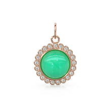 Load image into Gallery viewer, 26mm 14K Solid Yellow Gold Diamond Apple Green Chrysoprase Round Coin Shape Charm Necklace Pendant