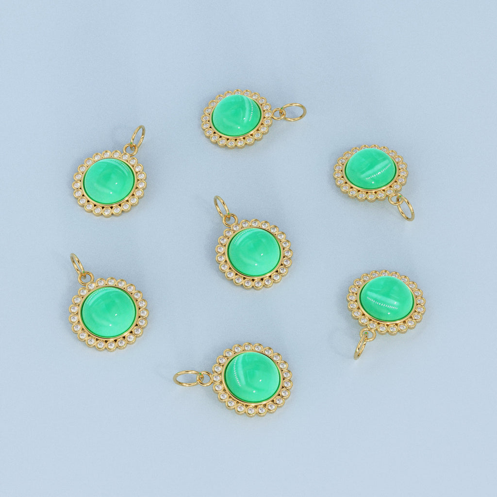 26mm 14K Solid Yellow Gold Diamond Apple Green Chrysoprase Round Coin Shape Charm Necklace Pendant