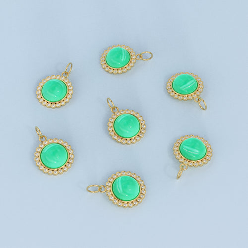 26mm 14K Solid Yellow Gold Diamond Apple Green Chrysoprase Round Coin Shape Charm Necklace Pendant - Jalvi & Co.