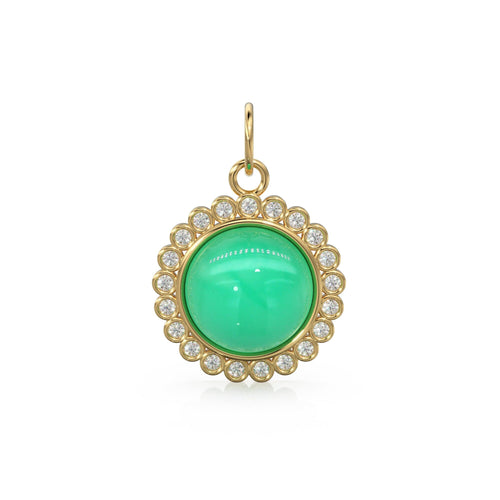 26mm 14K Solid Yellow Gold Diamond Apple Green Chrysoprase Round Coin Shape Charm Necklace Pendant - Jalvi & Co.