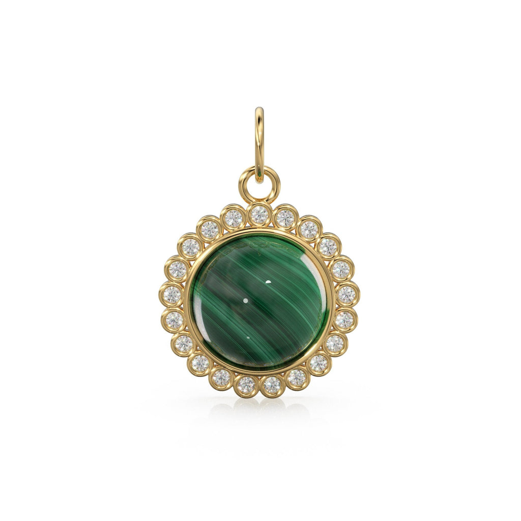 26mm 14K Solid Yellow Gold Diamond Green Malachite Round Coin Shape Charm Necklace Pendant