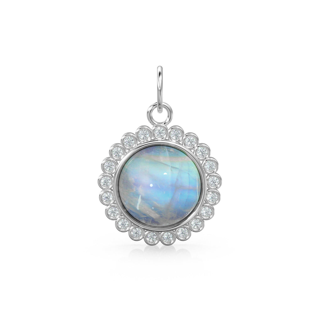 26mm 14K Solid Yellow Gold Diamond Rainbow Moonstone Round Coin Shape Charm Necklace Pendant