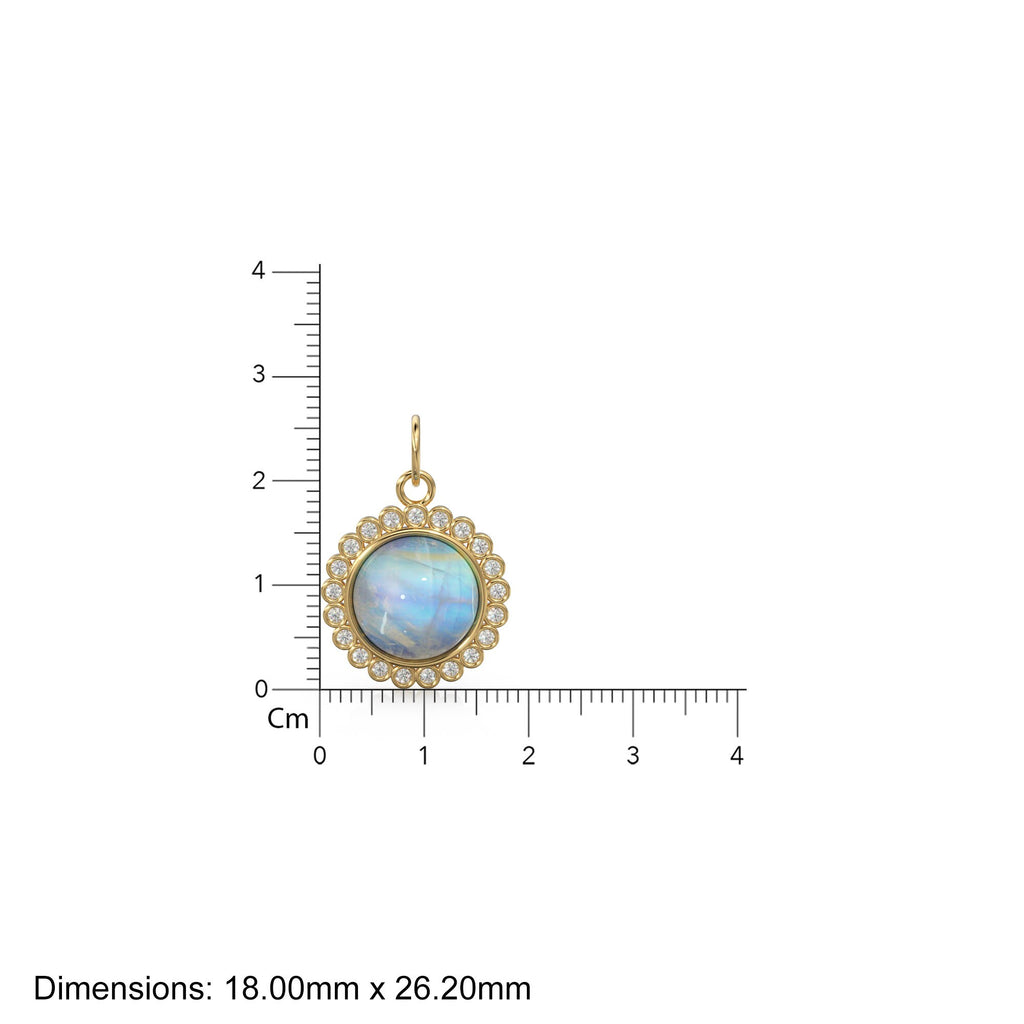 26mm 14K Solid Yellow Gold Diamond Rainbow Moonstone Round Coin Shape Charm Necklace Pendant