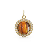 26mm 14K Solid Yellow Gold Diamond Tigers Eye Round Coin Shape Charm Necklace Pendant