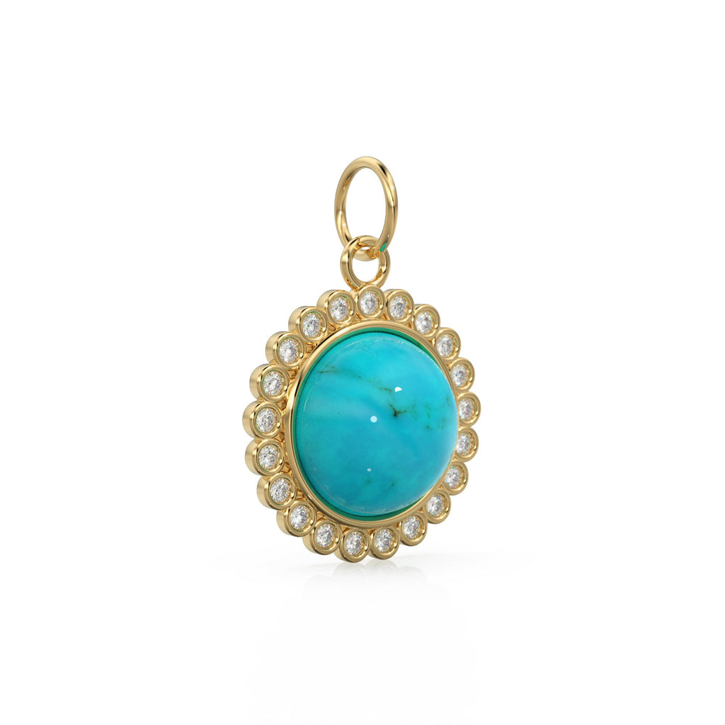 26mm 14K Solid Yellow Gold Diamond Sleeping Beauty Turquoise Round Coin Shape Charm Necklace Pendant