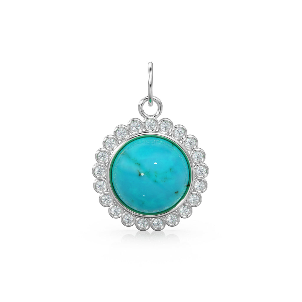 26mm 14K Solid Yellow Gold Diamond Sleeping Beauty Turquoise Round Coin Shape Charm Necklace Pendant