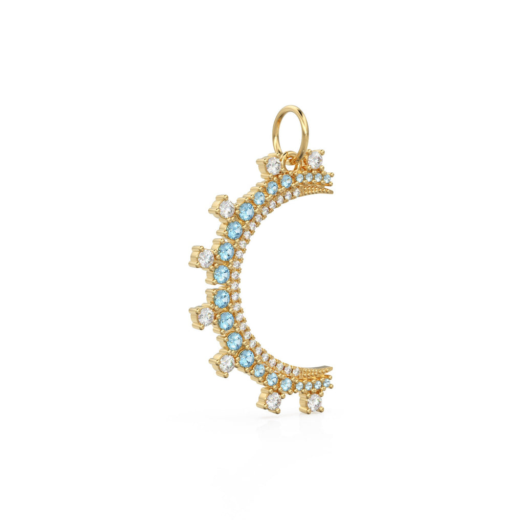 18.5mmx35mm 14K Solid Yellow Gold Diamond Natural Aquamarine Large Crescent Moon Charm Necklace Pendant