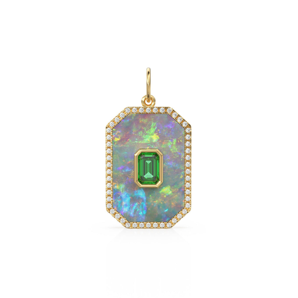 14K Solid Yellow Gold Emerald and Mother of Pearl Diamond Charm, Diamonds, Emerald, Mother of Pearl, Stunning Diamond Charm Pendant