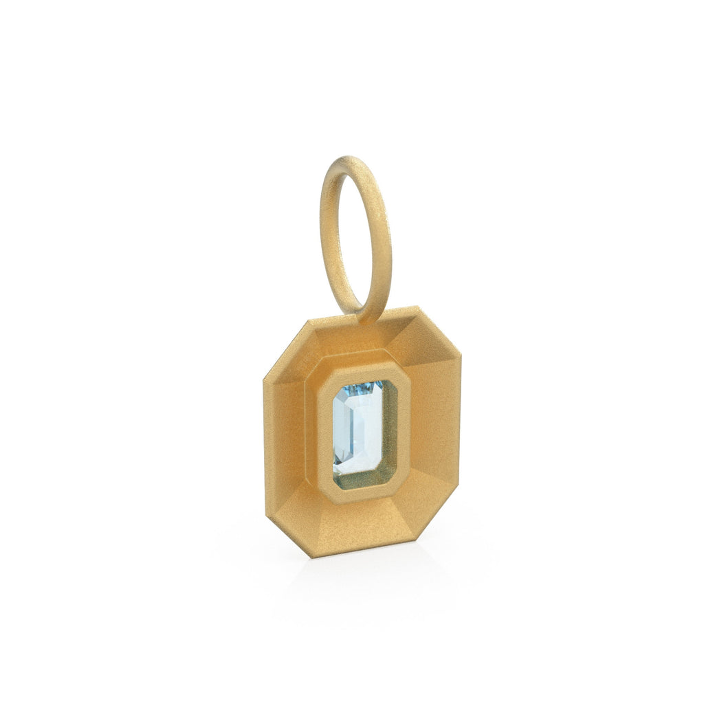 Aquamarine Emerald Cut Mosaic Solid Gold Charm / Blue Gemstone Handmade Matte Gold Pendant / 14k Solid Gold March Jewelry Making Findings - Jalvi & Co.
