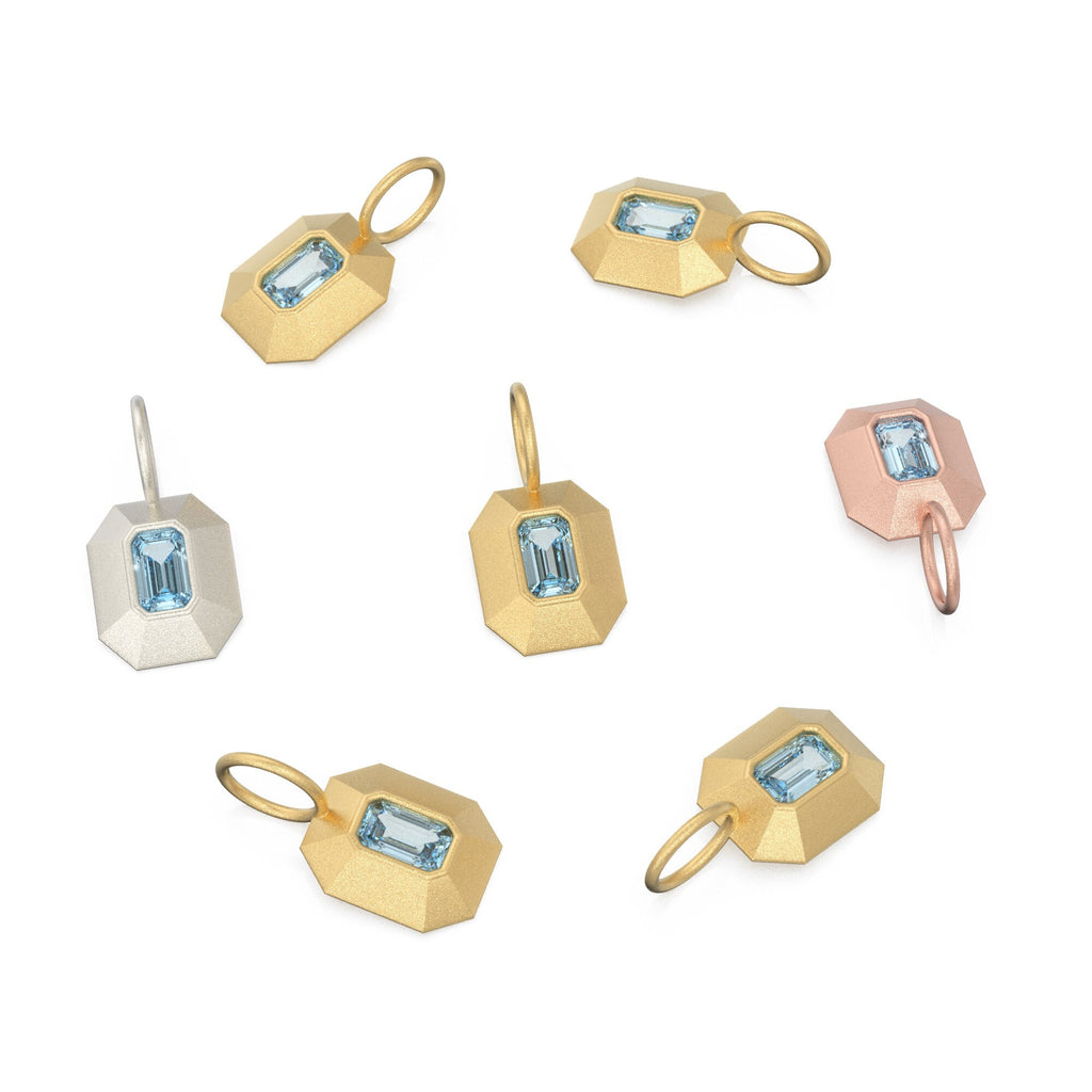 Aquamarine Emerald Cut Mosaic Solid Gold Charm / Blue Gemstone Handmade Matte Gold Pendant / 14k Solid Gold March Jewelry Making Findings - Jalvi & Co.