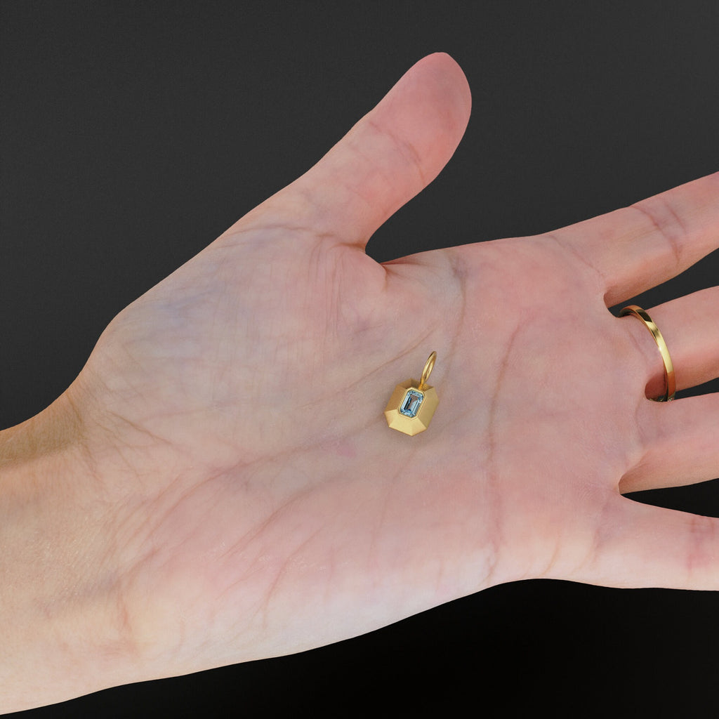 Aquamarine Emerald Cut Mosaic Solid Gold Charm / Blue Gemstone Handmade Matte Gold Pendant / 14k Solid Gold March Jewelry Making Findings - Jalvi & Co.
