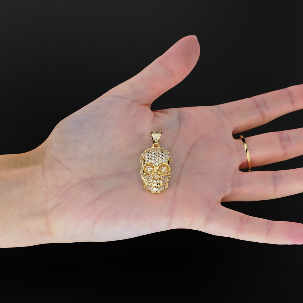 14K Yellow Gold Diamond Skull Pendant, Diamonds, Skull, Emerald Skull Charm, Pave Hip Hop Necklace, Goth Yellow Gold, Ruby Sapphire Gemstone - Jalvi & Co.