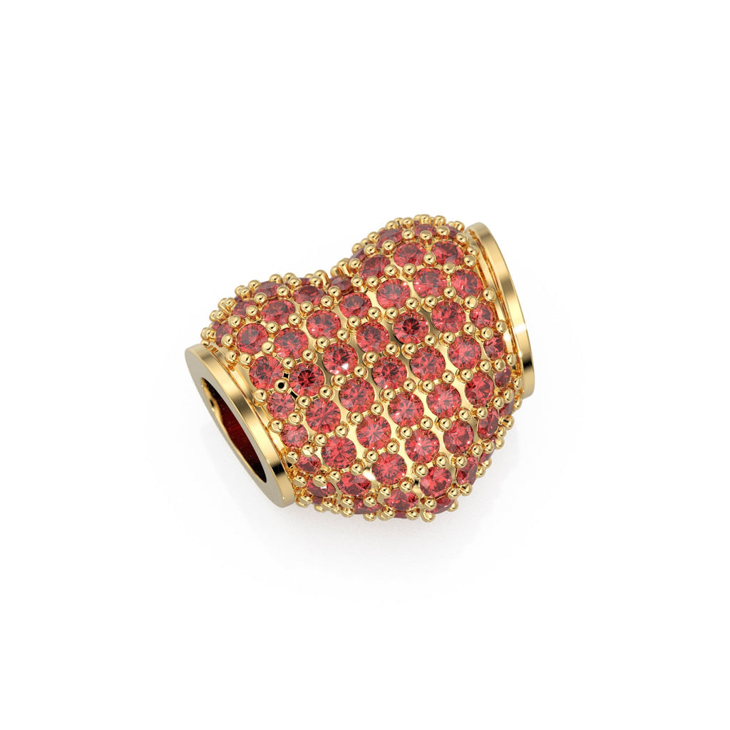 12.3mm Heart Pave Red Ruby Solid Gold Spacer Beads / Large Hole 4.6mm Love Ruby 18k Gold Heart Bead Finding Spacer St Patricks Day