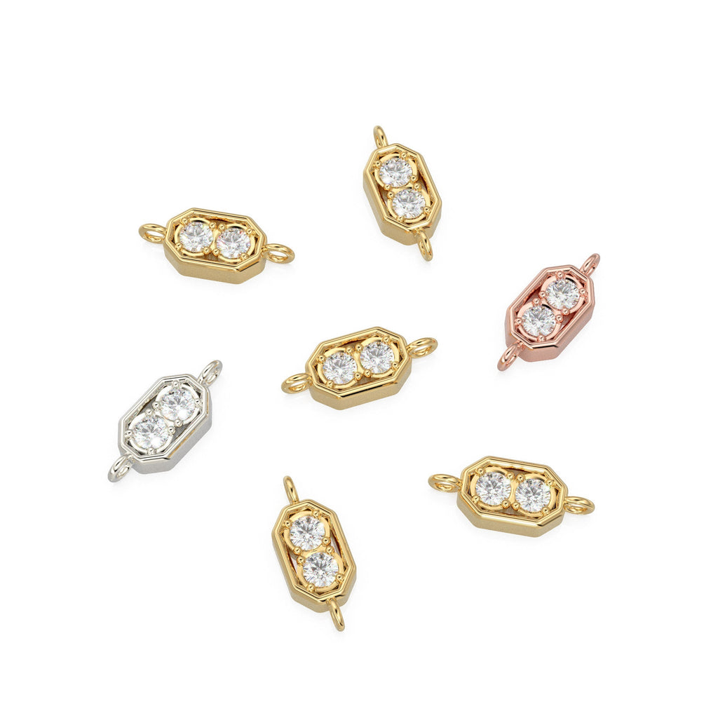 5x12mm 18k Solid Yellow Gold Brilliant Two Stone Diamond Prongs Dual Bail Connector Spacer Finding / Diamond Handmade Station Christmas Gift