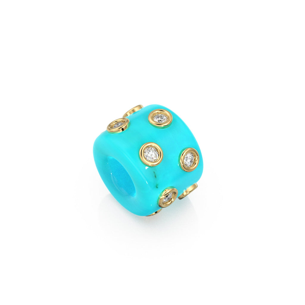 Blue Sky Turquoise Real Diamond 18k Solid Gold Eternity Rondelle Wheel Spacer Large Hole Necklace Charm Beads - Jalvi & Co.