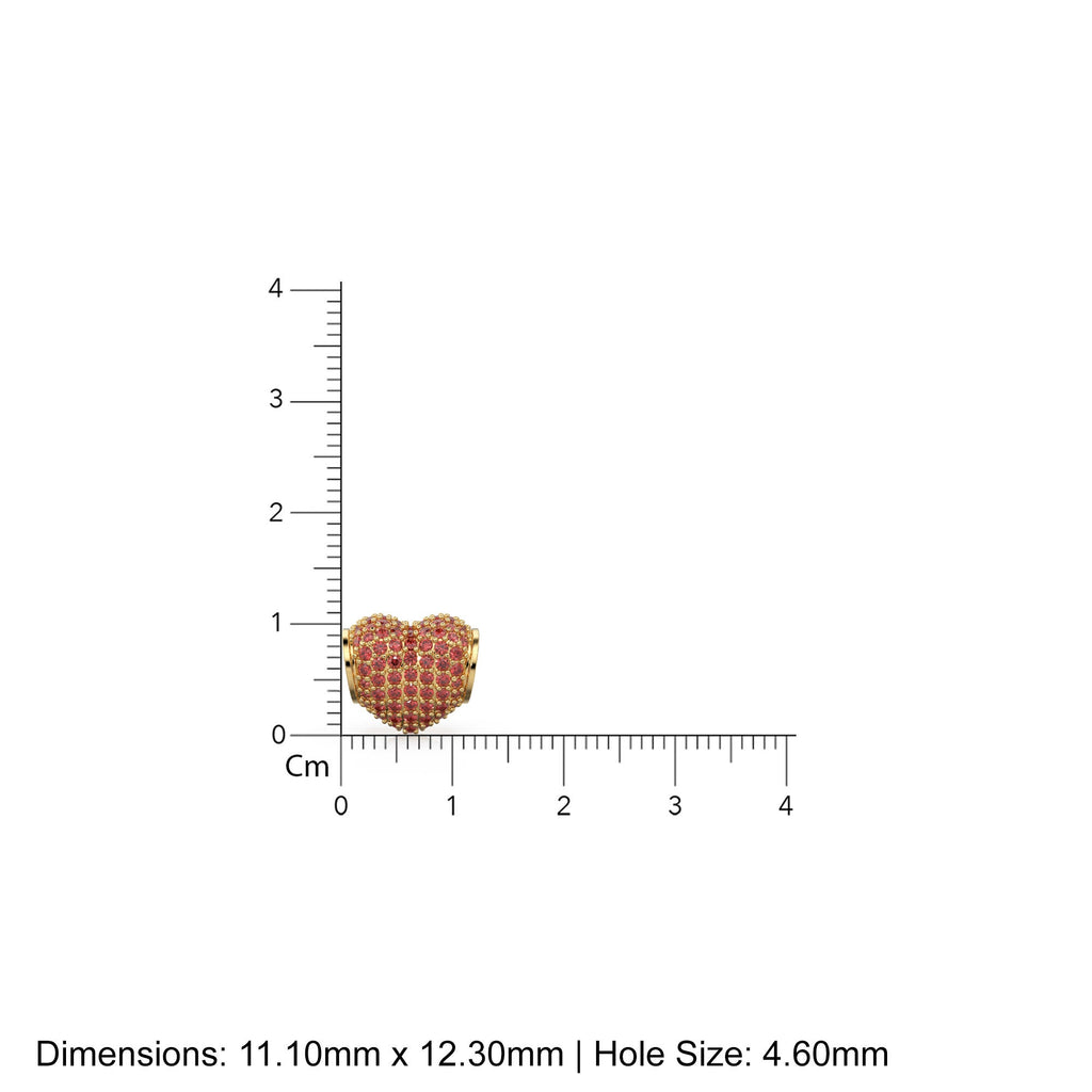 12.3mm Heart Pave Red Ruby Solid Gold Spacer Beads / Large Hole 4.6mm Love Ruby 18k Gold Heart Bead Finding Spacer St Patricks Day