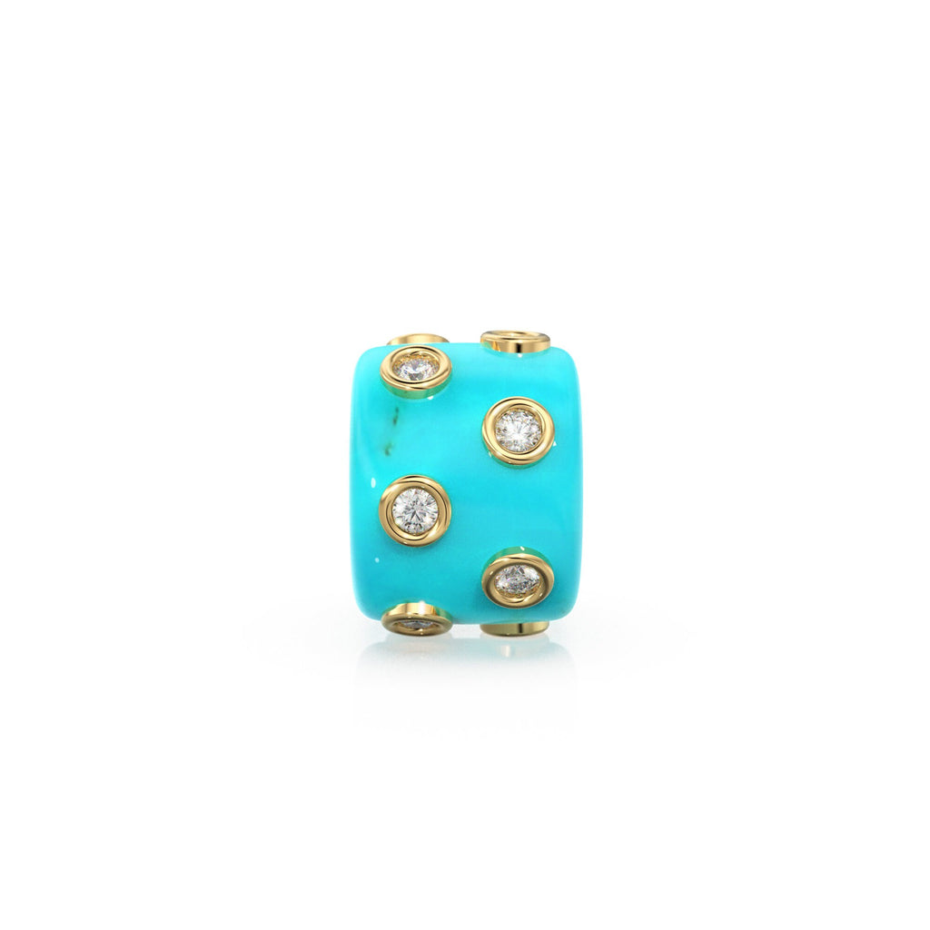 Blue Sky Turquoise Real Diamond 18k Solid Gold Eternity Rondelle Wheel Spacer Large Hole Necklace Charm Beads - Jalvi & Co.