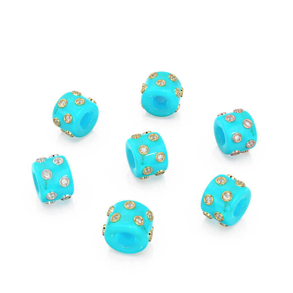 Blue Sky Turquoise Real Diamond 18k Solid Gold Eternity Rondelle Wheel Spacer Large Hole Necklace Charm Beads - Jalvi & Co.