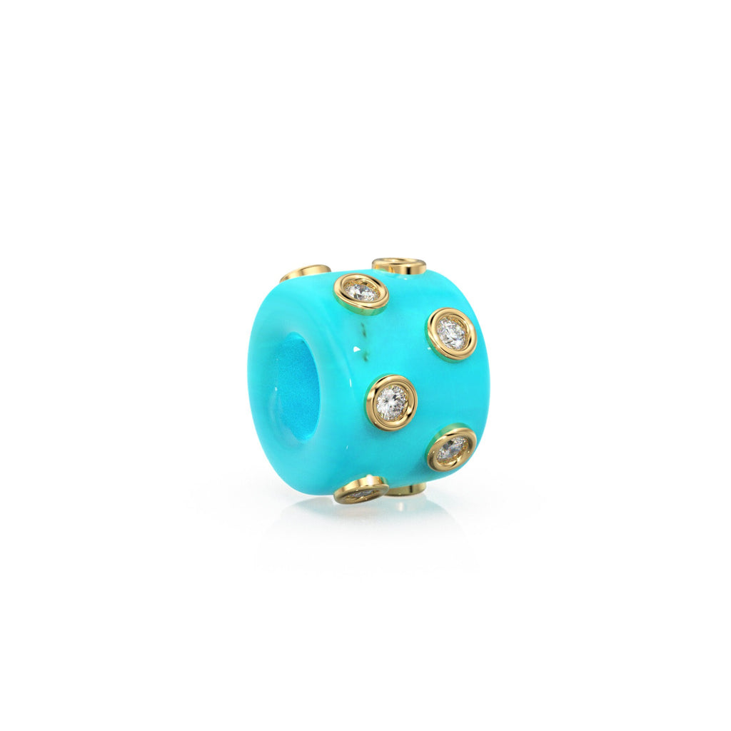 Blue Sky Turquoise Real Diamond 18k Solid Gold Eternity Rondelle Wheel Spacer Large Hole Necklace Charm Beads - Jalvi & Co.
