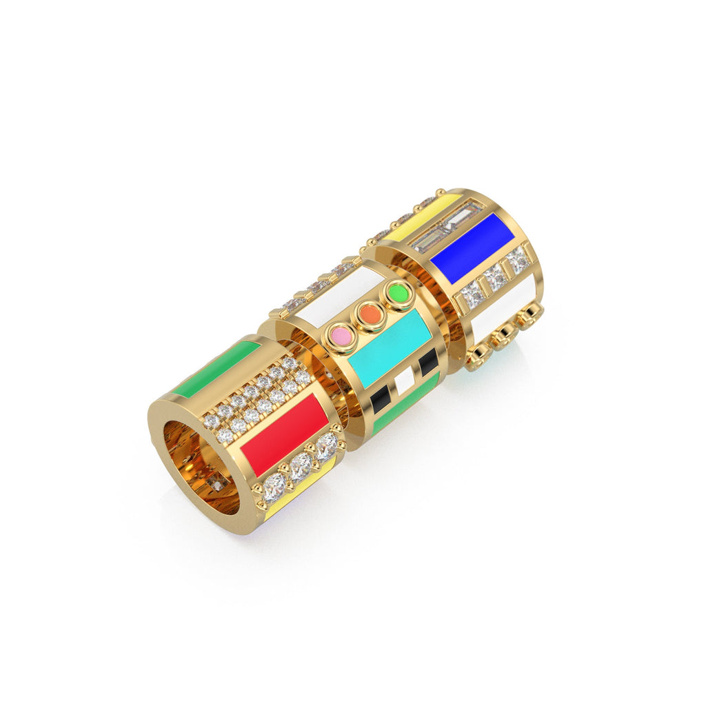 Luxury Diamond Enamel Solid Gold Round Wheel Beads / Handmade Real Gold Tyre Gold Spacer / Enamel Rondelle Beads / Jewelry Making Findings