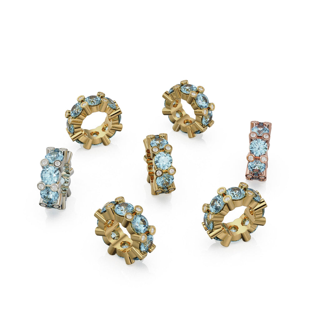 Aquamarine 14K Large Solid Italian Gold Diamond Rondels, Necklace Charm Roundel, Aquamarine, Enhancer Charm, Pave set Aquamarine, December