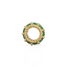 Load image into Gallery viewer, 10mm 14k Gold Roundel Green Emerald Charm, Green Emerald Wheel Charm, Round Charm Holder, Eternity Round Emerald Band Connector, July birth