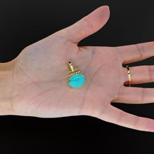 Load image into Gallery viewer, 18mm x 27mm 18k Solid Yellow Gold LARGE Sleeping Beauty Turquoise Pear Bezel Pendant Charm With 5.6mm Loop Jump Ring St Patricks Day