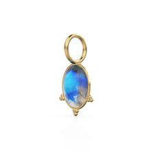 Load image into Gallery viewer, 10mm Rainbow Moonstone 18k Charm, 14K Solid Gold Charm, Blue Flash Gemstone Faceted Oval Charm Necklace, June Birthstone Gold Charm Pendant