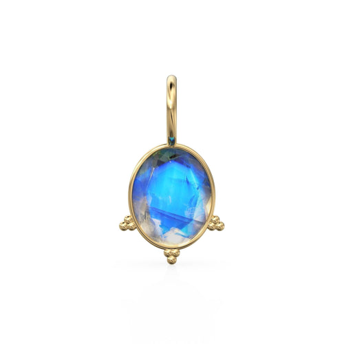 10mm Rainbow Moonstone 18k Charm, 14K Solid Gold Charm, Blue Flash Gemstone Faceted Oval Charm Necklace, June Birthstone Gold Charm Pendant