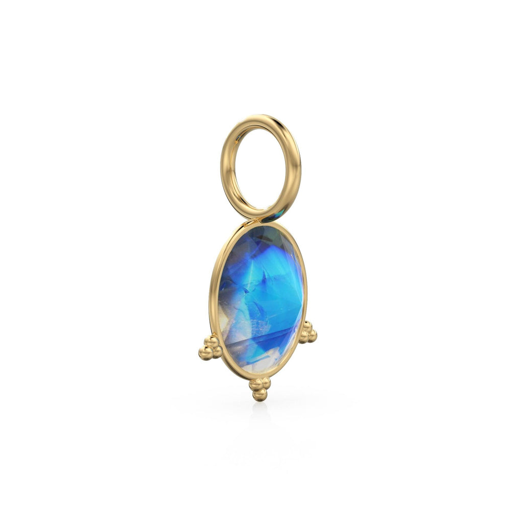 10mm Rainbow Moonstone 18k Charm, 14K Solid Gold Charm, Blue Flash Gemstone Faceted Oval Charm Necklace, June Birthstone Gold Charm Pendant