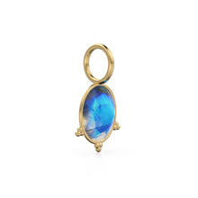 Load image into Gallery viewer, 10mm Rainbow Moonstone 18k Charm, 14K Solid Gold Charm, Blue Flash Gemstone Faceted Oval Charm Necklace, June Birthstone Gold Charm Pendant