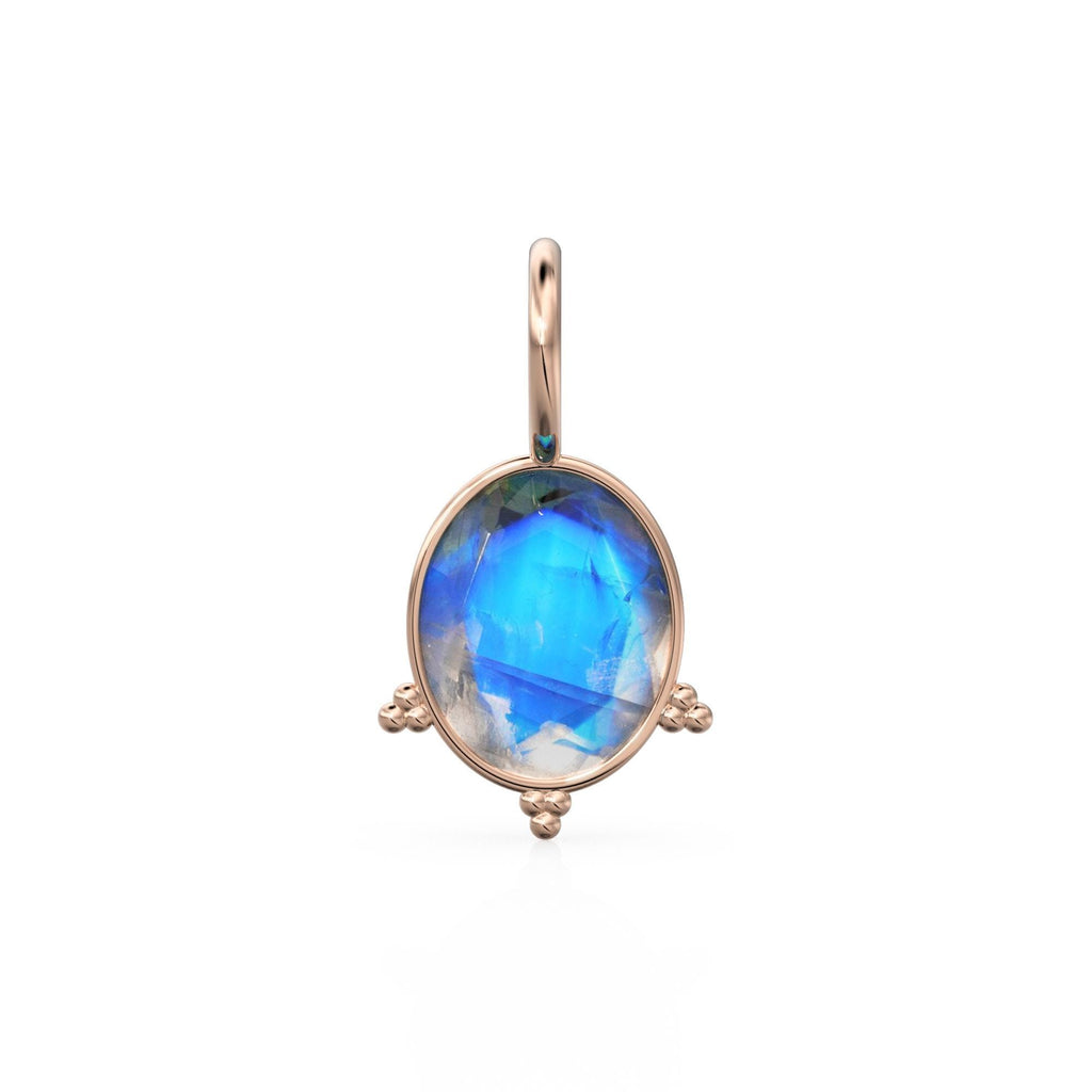 10mm Rainbow Moonstone 18k Charm, 14K Solid Gold Charm, Blue Flash Gemstone Faceted Oval Charm Necklace, June Birthstone Gold Charm Pendant
