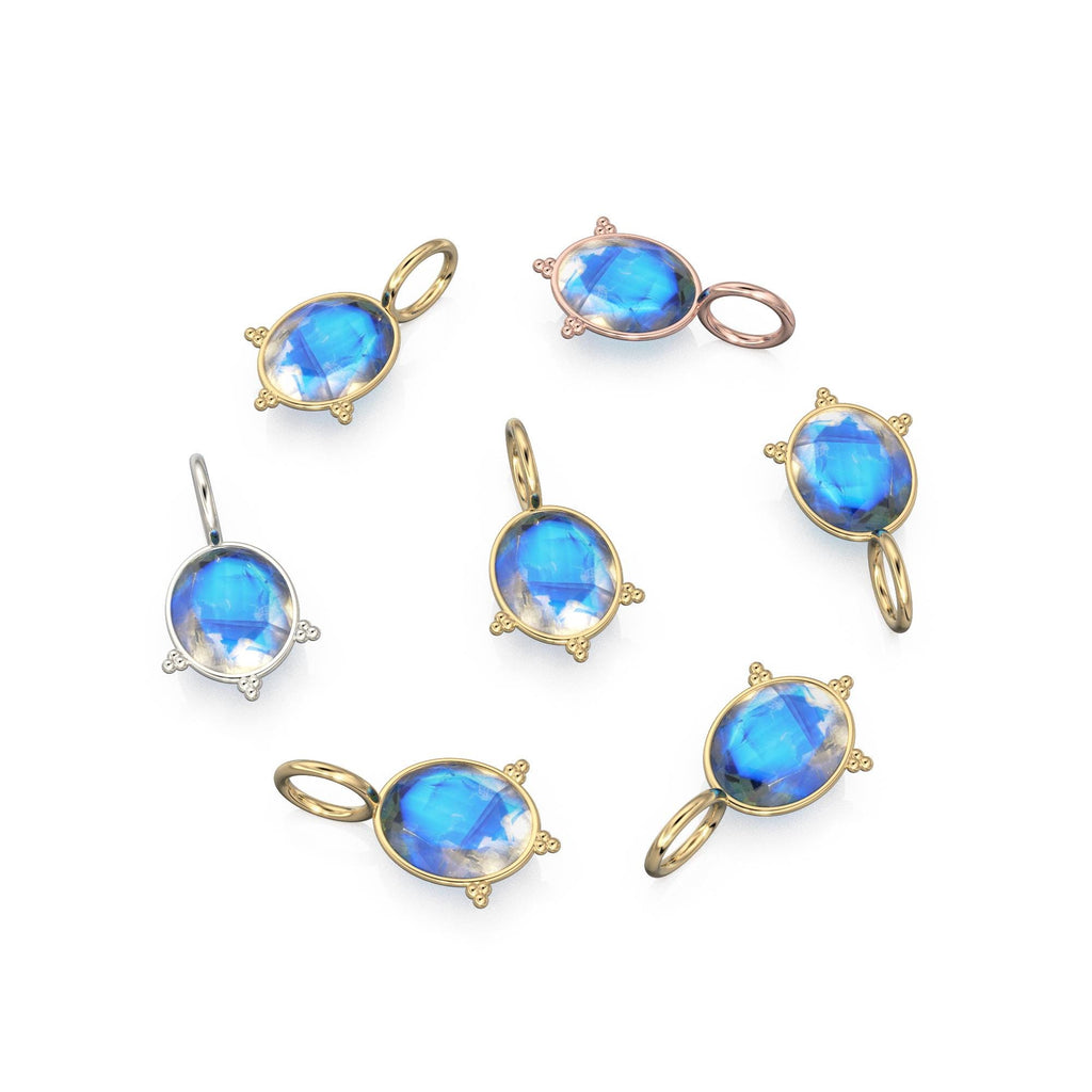 10mm Rainbow Moonstone 18k Charm, 14K Solid Gold Charm, Blue Flash Gemstone Faceted Oval Charm Necklace, June Birthstone Gold Charm Pendant