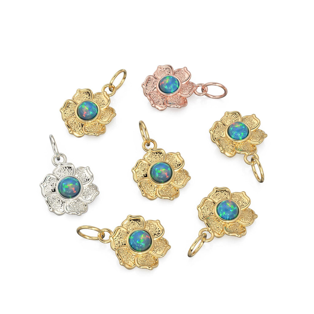 18k Gold Flower opal Charm Pendant / 5 mm Round Opal / 18k Gold Pendant / Opal Jewelry Multi Fire Opal, October Birthstone Necklace Pendant