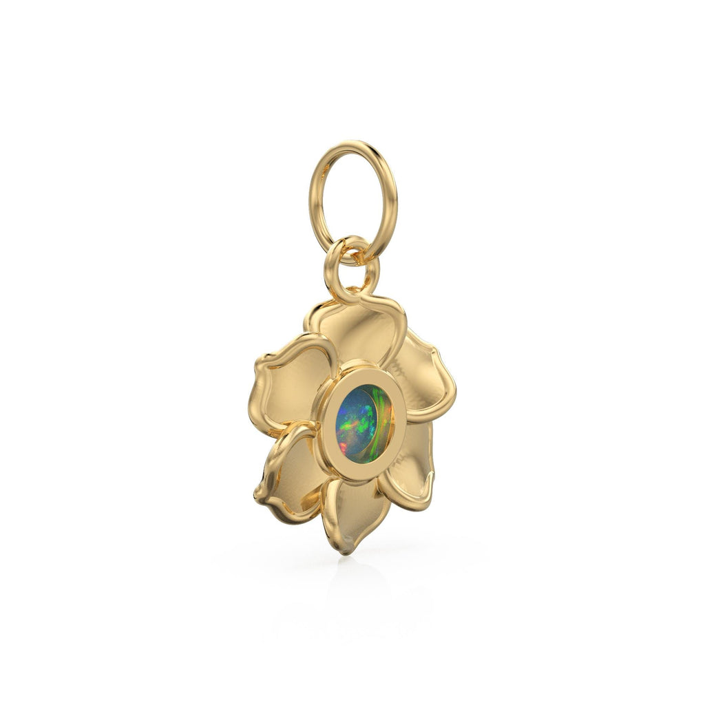 18k Gold Flower opal Charm Pendant / 5 mm Round Opal / 18k Gold Pendant / Opal Jewelry Multi Fire Opal, October Birthstone Necklace Pendant