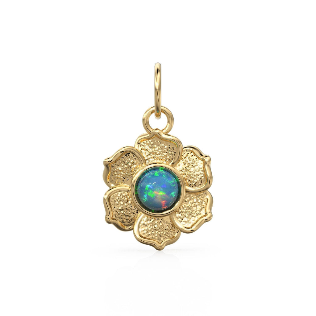 18k Gold Flower opal Charm Pendant / 5 mm Round Opal / 18k Gold Pendant / Opal Jewelry Multi Fire Opal, October Birthstone Necklace Pendant