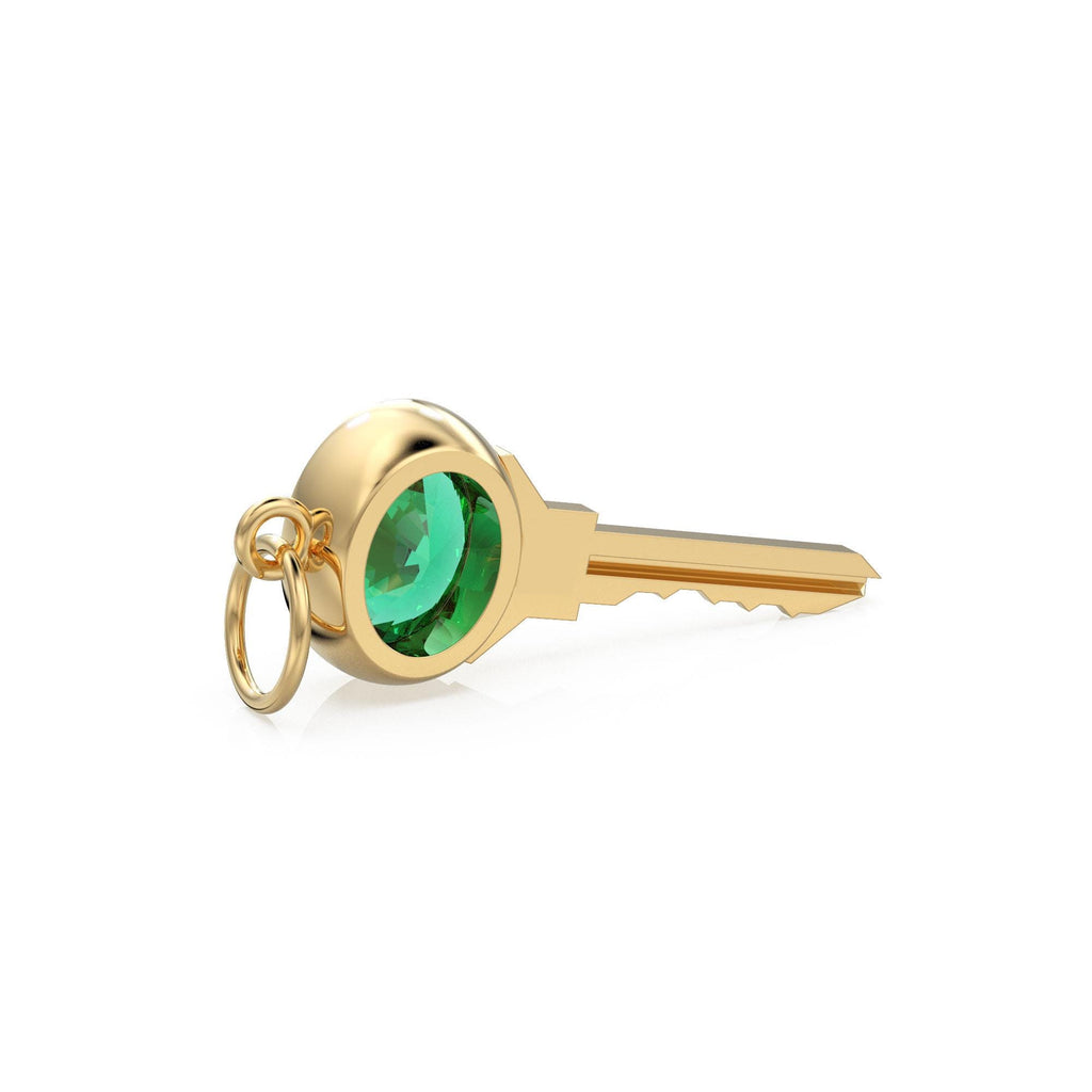 18K Solid Gold Key Charm Pendant with Natural Emerald, Key Charm, Luxury Symbolic Fine Jewelry Anniversary or Birthday Gift for her