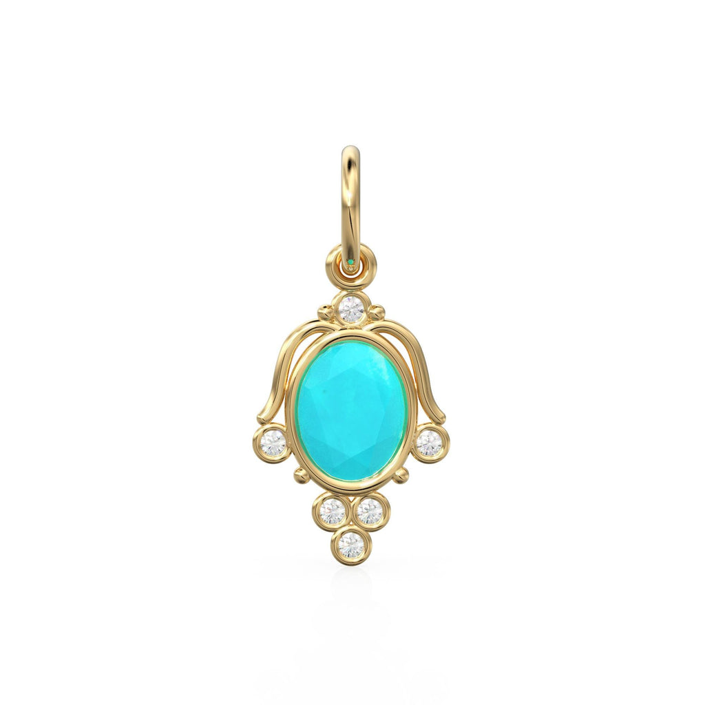18k Gold Oval Turquoise with Diamond Pendant Necklace, 14K Turquoise Jewelry, Dainty Delicate Handmade Charm Pendant, December Birthstone