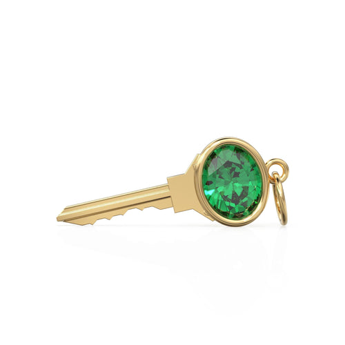 18K Solid Gold Key Charm Pendant with Natural Emerald, Key Charm, Luxury Symbolic Fine Jewelry Anniversary or Birthday Gift for her