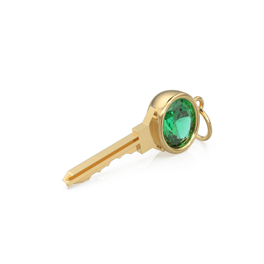 18K Solid Gold Key Charm Pendant with Natural Emerald, Key Charm, Luxury Symbolic Fine Jewelry Anniversary or Birthday Gift for her