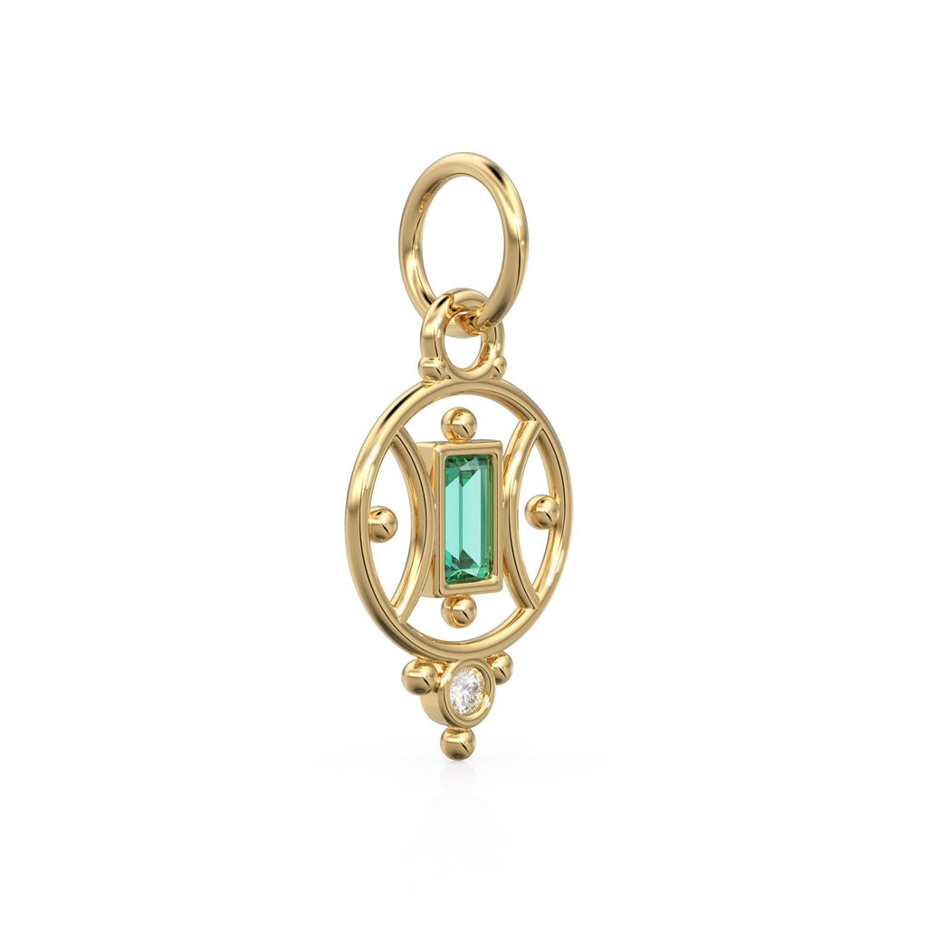 18k Emerald Baguette Gold Pendant / 14k Yellow Solid Gold Charm / Antique Tribal Handmade May Birthstone Gift for her / Diamond Gold Amulet