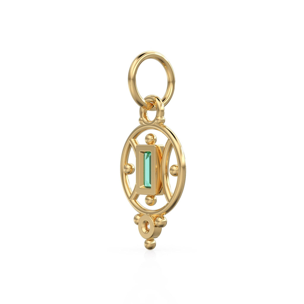 18k Emerald Baguette Gold Pendant / 14k Yellow Solid Gold Charm / Antique Tribal Handmade May Birthstone Gift for her / Diamond Gold Amulet