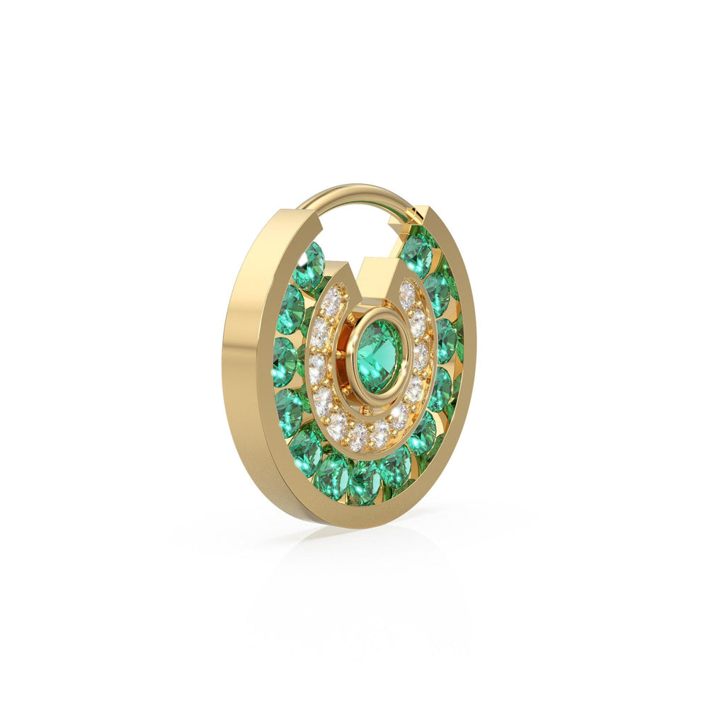14K Solid Gold Emerald and Diamond Circle Pendant – Luxury Green Gemstone Hoop Cahrm for Necklace or Earring, May Birthstone Jewelry