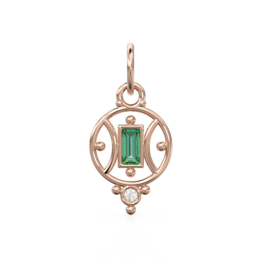 18k Emerald Baguette Gold Pendant / 14k Yellow Solid Gold Charm / Antique Tribal Handmade May Birthstone Gift for her / Diamond Gold Amulet