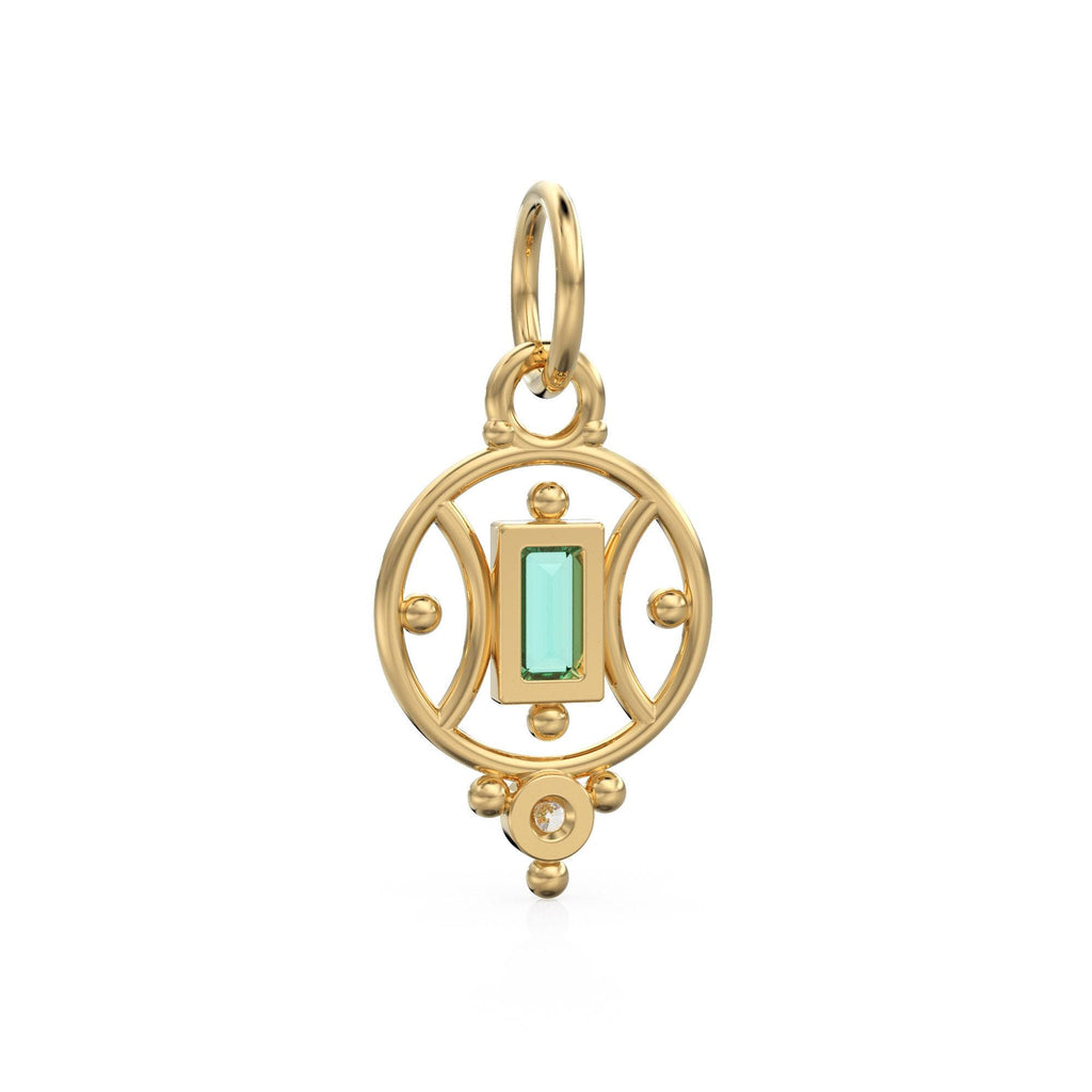 18k Emerald Baguette Gold Pendant / 14k Yellow Solid Gold Charm / Antique Tribal Handmade May Birthstone Gift for her / Diamond Gold Amulet