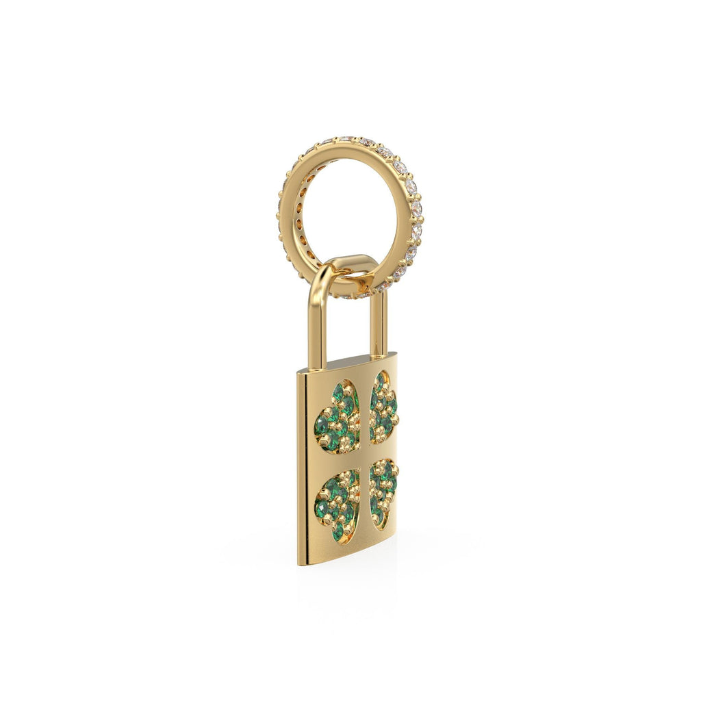18K Solid Yellow Gold Emerald Padlock Charm, Diamond Clover Pendant, Lucky Irish Gold Jewelry, Gift for Her or Him, Italian Gold Lock