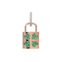 Load image into Gallery viewer, 18K Solid Yellow Gold Emerald Padlock Charm, Diamond Clover Pendant, Lucky Irish Gold Jewelry, Gift for Her or Him, Italian Gold Lock